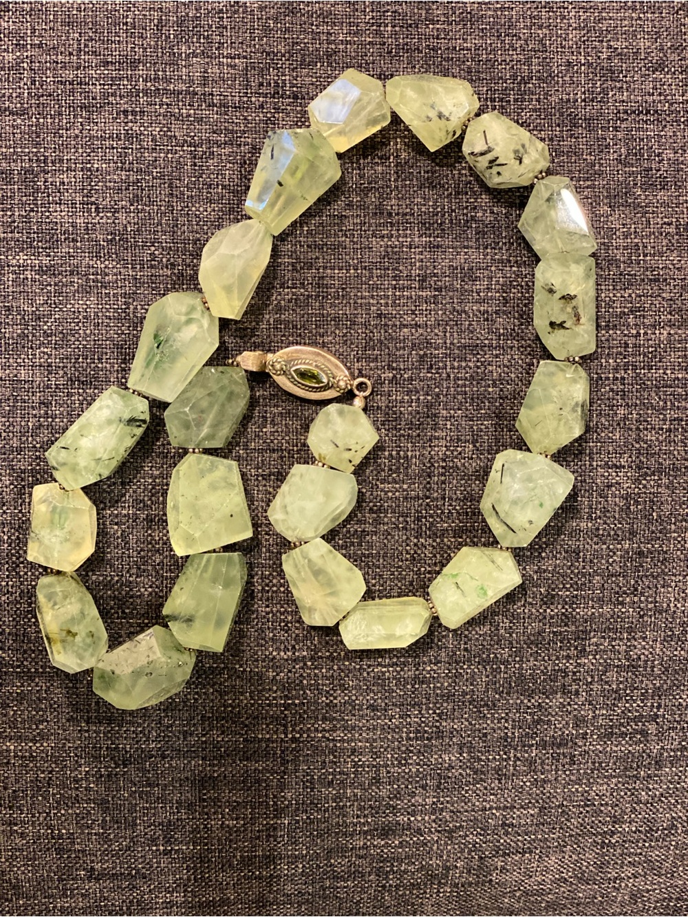 Prehnite gemstone necklace with sterling silver clasp. Hand crafted.